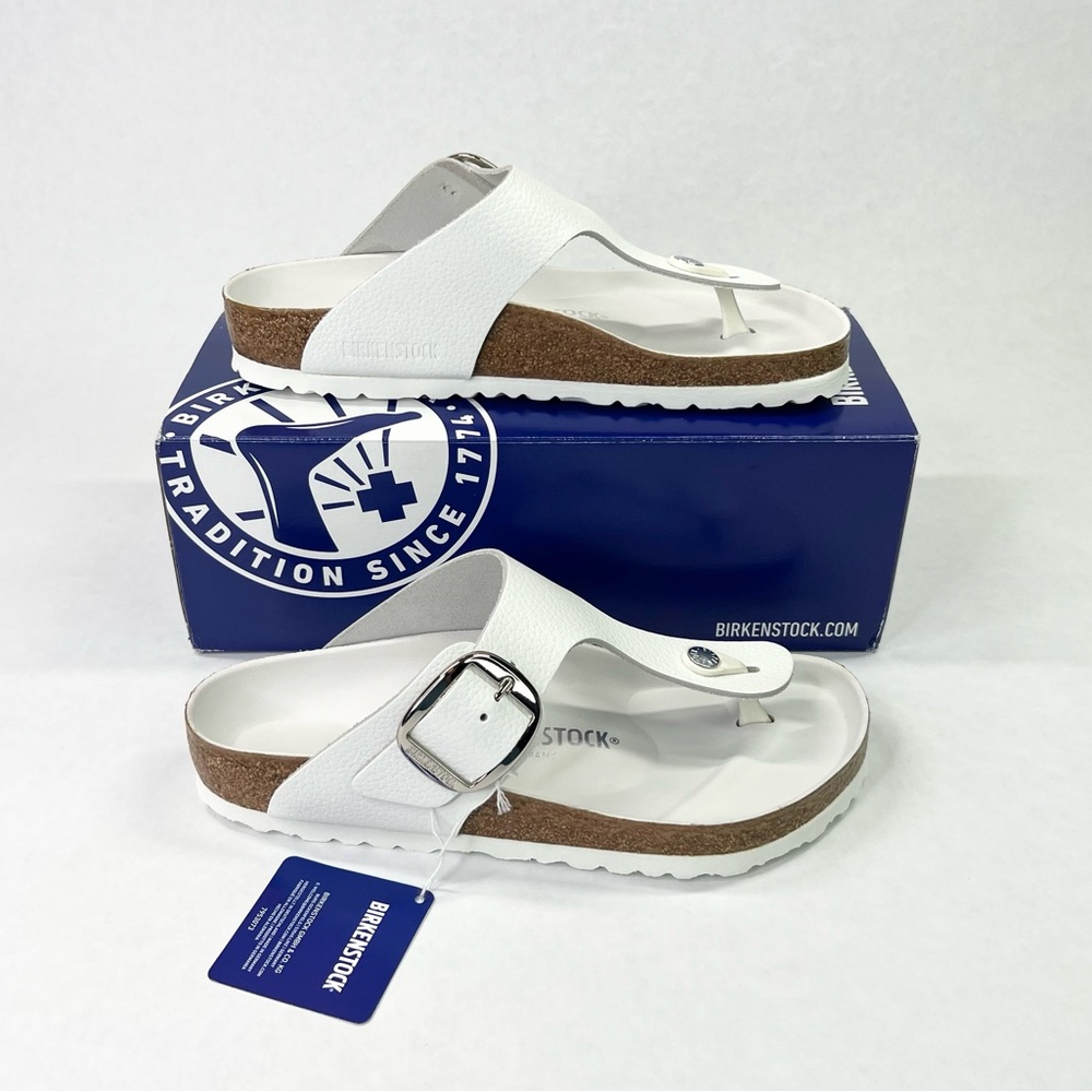 **SOLD** Birkenstock Big Buckle Gizeh White Leather 39 Regular Women 8 Men 6 - Picture 2 of 16